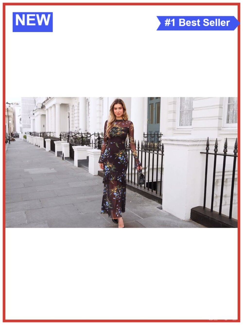 Elegant Long Sleeve Floral Maxi Dress Crew Neck A-Line Semi-Formal - Picture 6 of 6